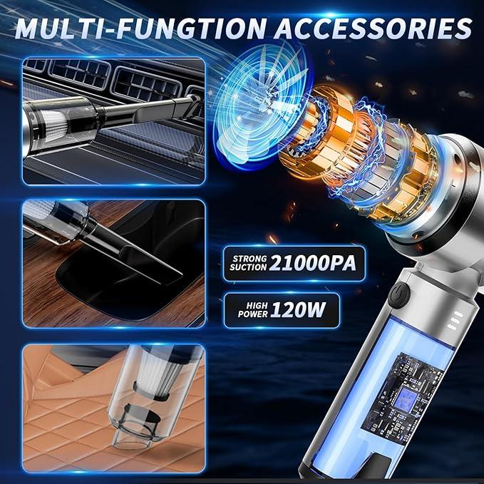 Car Vacuum Portable Cordless, 21000PA High Power Handheld Vacuum Cleaner with Brushless Motor,Mini Hand Held Vacuum Cordless Rechargeable Air Duster/Blower/Pump for Car, Home, Pet, Office - NeatNest