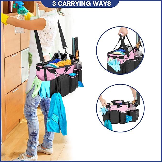 LoDrid Large Professional Cleaning Caddy with Detachable Divider, Supply Organizer with Handle and Shoulder Strap, Cleaning Bags for Housekeepers & Cleaners, Pink - NeatNest