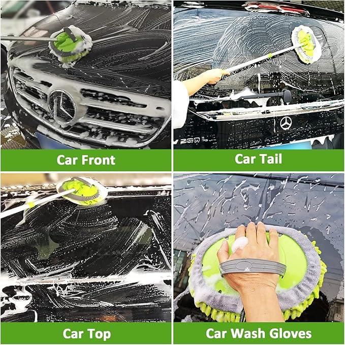 GIANT BEAR Car Wash Brush with Long Handle, 42.9" Microfiber Chenille Mitt Not Hurt Paint Scratch Free Aluminum Alloy Cleaning Tool -4 in 1,Glass Window Scrabber Detail Wheel Brush - NeatNest