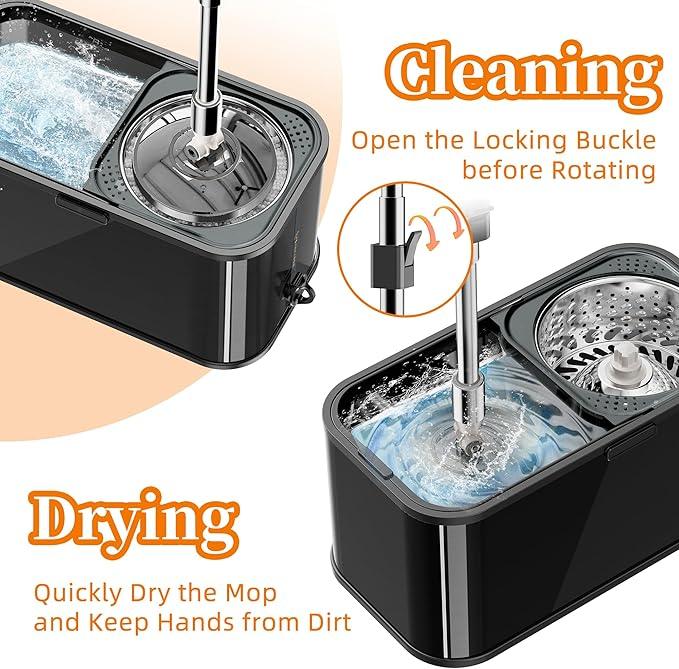 Spin Mop and Bucket with Wringer Set for Home,360° Mop and Bucket with Separate Clean and Dirty Water,Wet Dust Mop for Floor Cleaning with Extra Refills (Black) - NeatNest