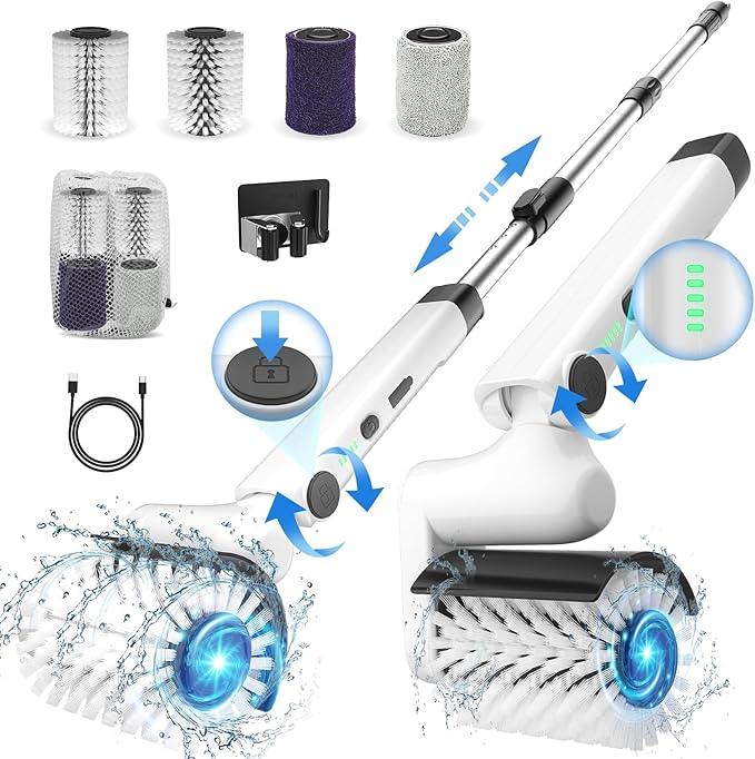 Roller-Type Electric Cleaning Brush - 2025 New Cordless Shower Scrubber with 200min Runtimes, 2-Speeds & 56" Extendable Handle, 4 Brush Heads, Shower Cleaner Brush, for Bathtub/Tile/Floor - NeatNest