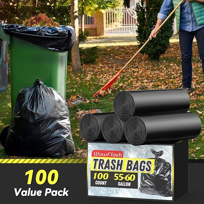 100 Count 55-60 Gallon Trash Bags, Sturdy & Tear-Resistant Commercial Can Liners 55 Gallon, Large Garbage Bags, Large Black Trash Bags for Commercial, Lawn and Leaf Bags - NeatNest