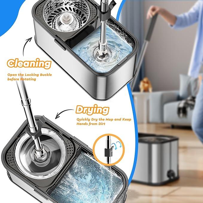 Spin Mop and Bucket with Wringer Set for Home,360° Mop and Bucket with Separate Clean and Dirty Water,Wet Dust Mop for Floor Cleaning with Extra Refills (Square Silver) - NeatNest