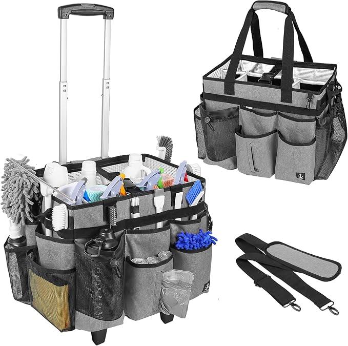 Extra large Rolling Cleaning caddy bag with Detachable, Foldable Trolley Portable Cleaning Cart for Housekeeping Cleaning caddy with Adjustable Shoulder Strap and Multiple Storage Pockets - NeatNest