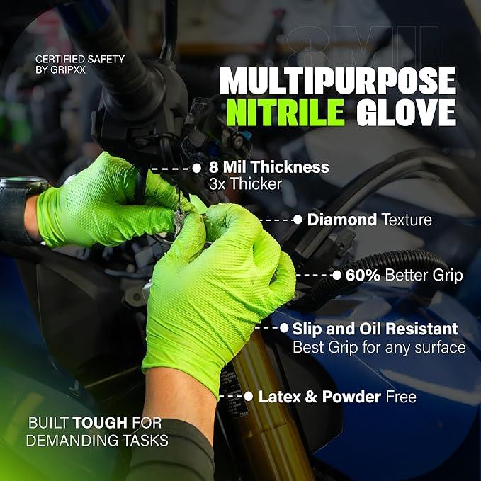 Herkules Grip Heavy Duty 8Mil Green Nitrile Gloves,3D Raised Diamond Texture-Latex & Powder Free-Industrial, Mechanic | Pack of (100 CT) - NeatNest