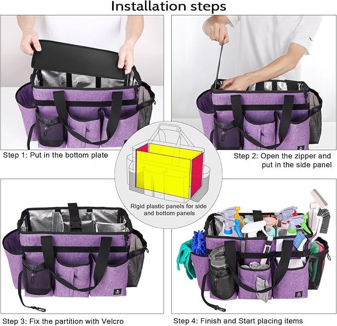Large Cleaning Caddy Bag Built-in Sturdy Support Board, Cleaning Organizer with Detachable Divider, Cleaning Supply Tote with Adjustable Shoulder Strap&Waist Belt for Cleaners & Housekeeper - NeatNest
