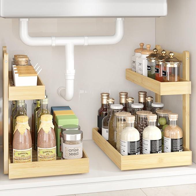 Under Sink Organizer - 2-Tier Pull Out Cabinet Organizer Vertical Slide Out Sink Shelf Storage Shelves for Multi-Purpose Bath Kitchen Bathroom Medicine (Nature, 2 Packs) - NeatNest