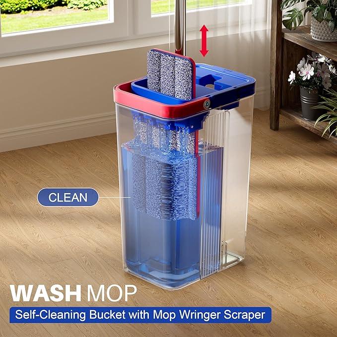 JOYMOOP Mop and Bucket with Wringer Set, Hands Free Flat Floor Mop and Bucket, with 4 Washable Microfiber Pads, Wet and Dry Use, Floor Cleaning System - Black+Red+Slate Blue - NeatNest