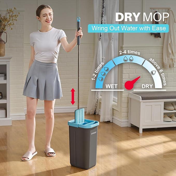 JOYMOOP Mop and Bucket Set with Wringer, with 3 Reusable Microfiber Mop Pads, Mops for Floor Cleaning and Wall Cleaning, Hands-Free Flat Mop for Home Use - Grey+Cyan Blue - NeatNest