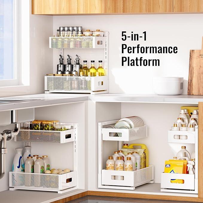 Full Metal Under Sink Organizer, Pull Out Cabinet Organizers and Storage, Silk-Smooth Sliding Drawer for Kitchen, Bathroom, Pantry, Cabinet, Closet (White, 2 Pack) - NeatNest