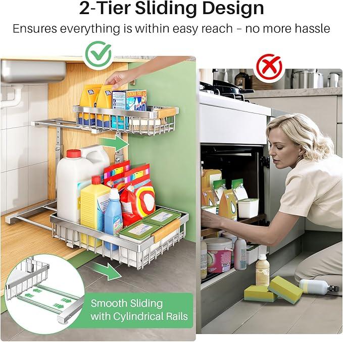 Under Sink Organizer, Stainless Steel 1-Pack 2 Tier Under Sink Organizers and Storage, Slide out Pull out Cabinet Shelf, Sliding Drawer for Kitchen Bathroom Pantry Cabinet Closet Organization Rack - NeatNest