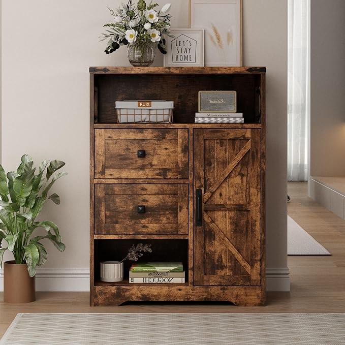 Fameill Farmhouse Storage Cabinet with 2 Drawers & Shelves,Freestanding Kitchen Cabinet with Doors,Floor Storage Organization for Living Room,Bathroom,Laundry,Brown - NeatNest