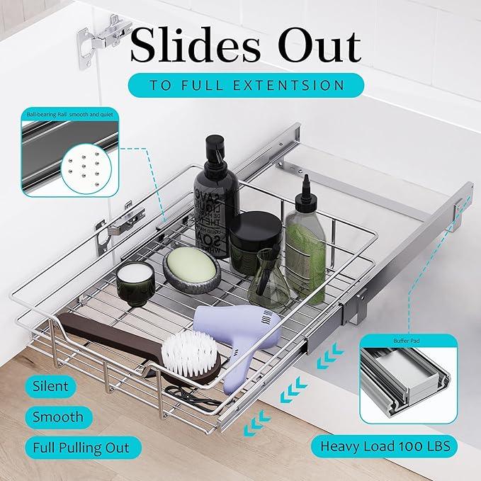 Pull Out Cabinet Organizer 20" W X 17" D, Slide Out Drawers For Kitchen Cabinets, Pull Out Drawers For Cabinets Capacity Heavy Duty Caddy, Cabinet Pull Out Shelves Chrome-Plated, Bathroom Pantry - NeatNest