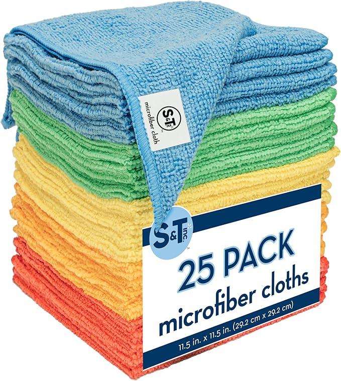 S&T INC. 25 Pack Microfiber Cleaning Cloth, Bulk Towels for Home, Reusable Microfiber Towels for Cars, Cleaning Rags, Assorted, 11.5 Inches x 11.5 Inches, 25 Count - NeatNest