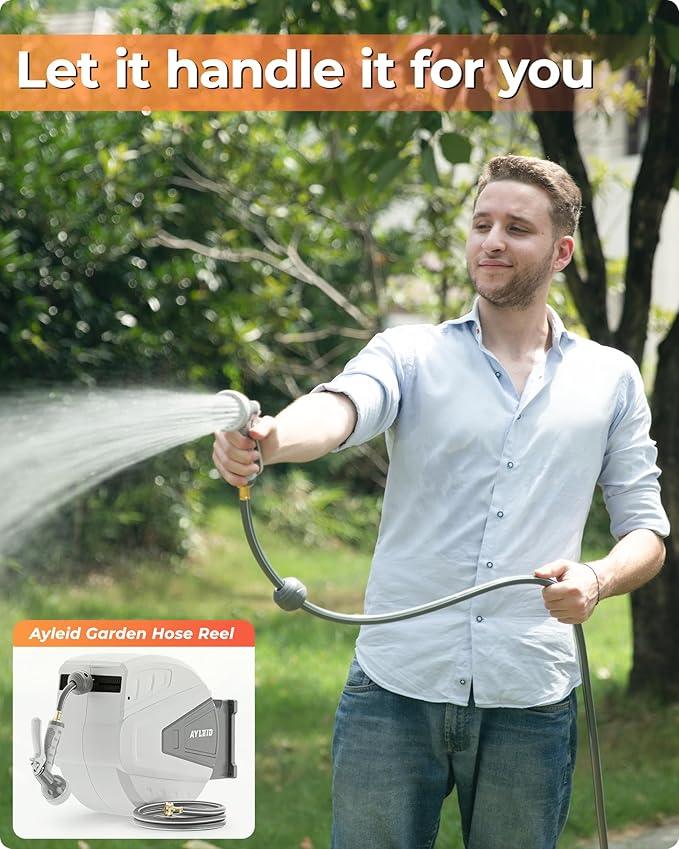 Ayleid Retractable Garden Hose Reel,5/8 in x 100 FT Wall Mounted Hose Reel, with 9- Function Sprayer Nozzle, Any Length Lock/Slow Return System/Wall Mounted/180°Swivel Bracket (Grey) - NeatNest