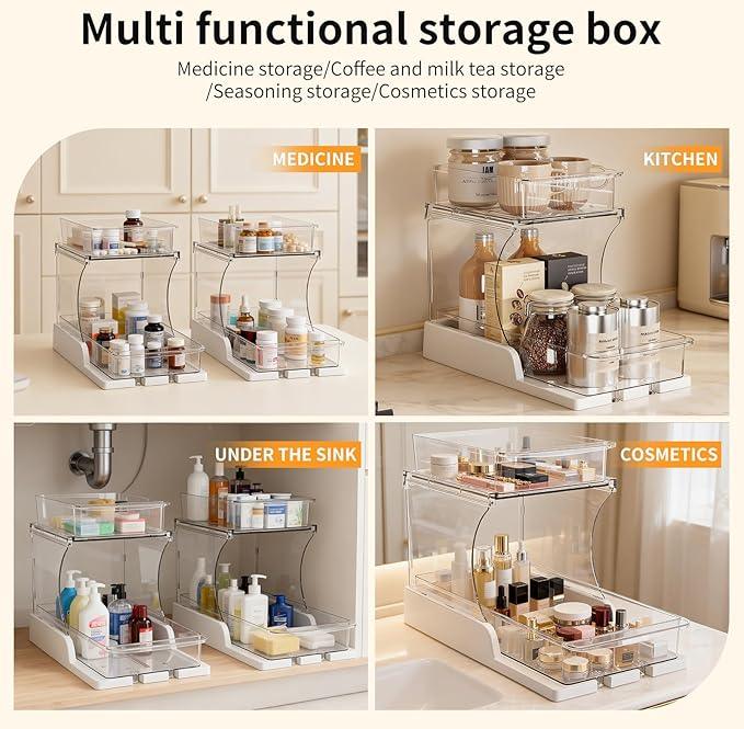 Pull Out 2 Tier Organizer for Kitchen Bathroom and Cabinet Storage Rotating Pantry Rack Under Sink Organizer Clear and Durable Design 1 Pack - NeatNest