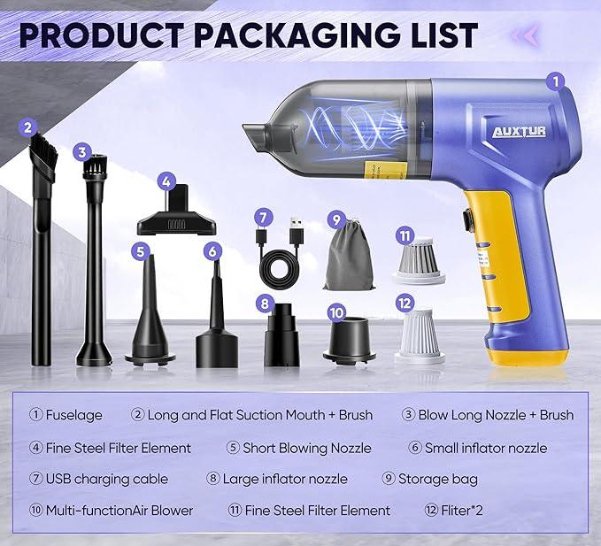 Car Vacuum Portable Cordless 3 in 1 Handheld Car Vacuum 15000PA High Power with Brushless Motor,5200mAh withType-C Charing Small Vacuum Cleaner Portable Cordless,SW101Blue Yellow - NeatNest