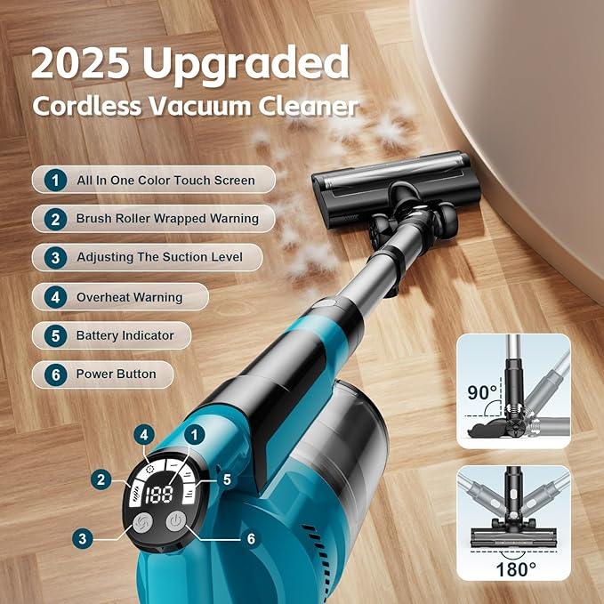 Cordless Vacuum Cleaner with 2 * 4000mAh Batteries, 700W 60Kpa Vacuum Cleaners for Home, 6 in 1 Cordless Stick Vacuum Clearner, Brushless Motor with Led Display for Hard Floors Carpet Pet Hair - NeatNest