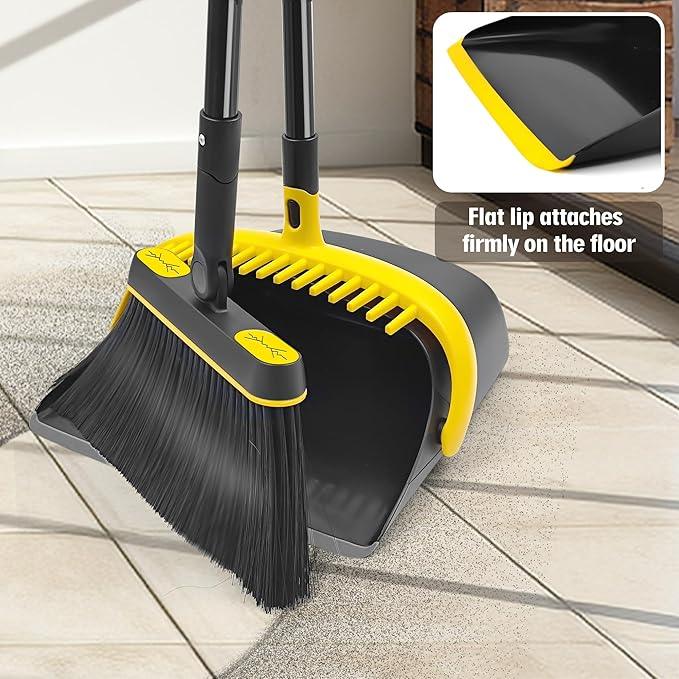 JEHONN Broom and Dust Pan, 54.3 inches Long Handle Swivel Brush, Upright Foldable Dustpan with Comb Teeth for Home Kitchen Lobby Indoor Floor Cleaning (Black & Yellow) - NeatNest
