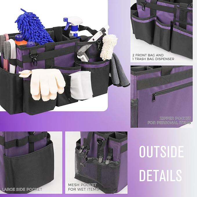 Wearable Cleaning Caddy, Cleaning Caddy Supplies Organizer with Handle & Shoulder Straps for Housekeepers, Under Sink & Car Cleaning Tool Organizers Bag with 4 Foldable Divider (Purple) - NeatNest