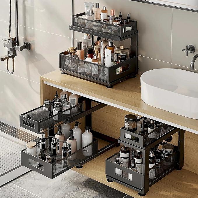 2 Pack Under Sink Organizer with Next-Gen Ball-Bearing Slides,2-Tier Pull Out Cabinet Storage,Height Adjustable Drawer Shelf for Bathroom,Kitchen,Laundry,Cabinet,Pantry(Patent Pending) - NeatNest