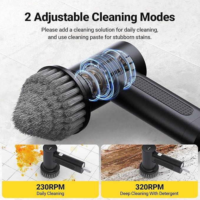 Electric Spin Scrubber, 3000 mAh Cordless Power Scrubber with 8 Replaceable Heads, Dual Speed Lightweight Handheld Scrubber for Cleaning Stove/Bowl/Sink/Corner/Tile/Grout (Black) - NeatNest