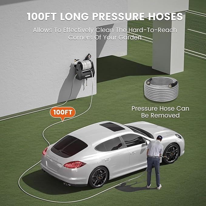 Giraffe Tools Grandfalls Retractable Wall Mount Pressure Washer Plus, Max 2900PSI 2.2 GPM, Electric Power Washer with 100ft Pressure Hose for Car/Patios, Automatic Rewind, Dark Silver - NeatNest