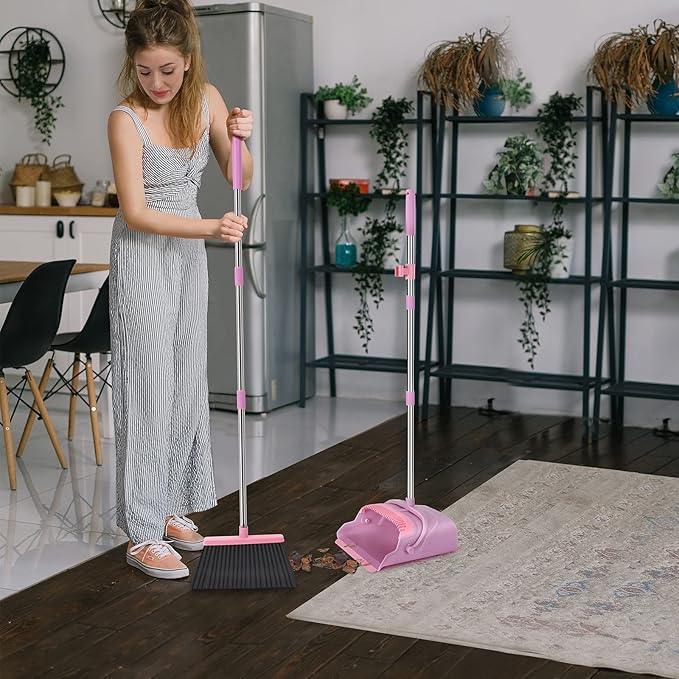 kelamayi Broom and Dustpan Set for Home, Office, Indoor&Outdoor Sweeping, Stand Up Broom and Dustpan (Pink) - NeatNest