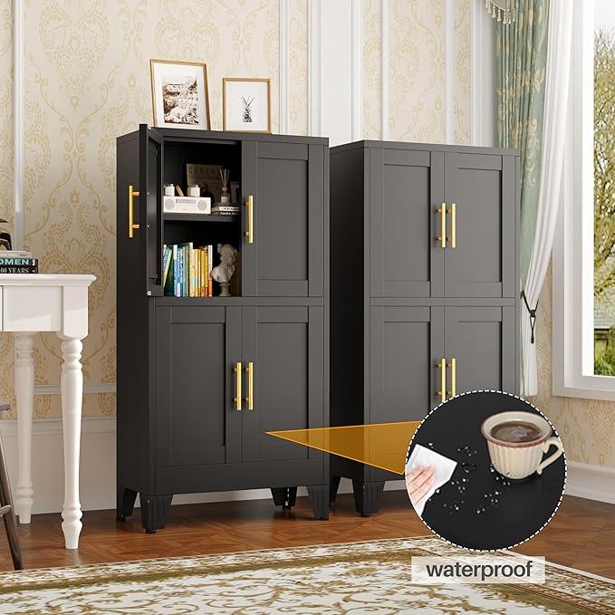 47“H Black Metal Bathroom Storage Cabinet, Kitchen Pantry Cabinet with Doors and 3 Adjustable Shelves, Bathroom cabinets Organizer, for Home Office, Bedroom - NeatNest