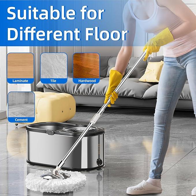 Spin Mop and Bucket with Wringer Set for Home,360° Mop and Bucket with Separate Clean and Dirty Water,Wet Dust Mop for Floor Cleaning with Extra Refills (Silver with 6 Pads) - NeatNest