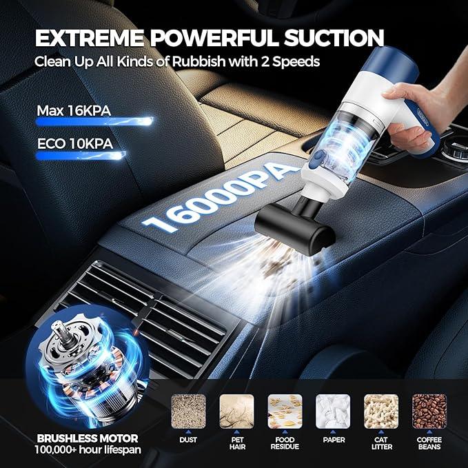 Car Vacuum Cleaner Cordless, 4 in 1 Portable Vacuum Cleaner 16000PA High Power Air Duster & Air Blower & Pump, Rechargeable Handheld Vacuum with Brushless Motor, Multi-Nozzles for Car, Home, Office - NeatNest