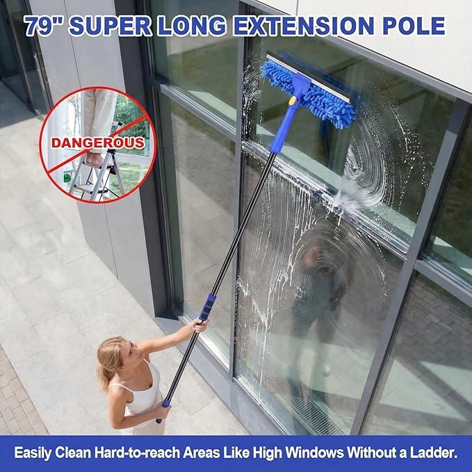 Wontolf 79'' Window Squeegee Cleaner Tool with Extension Pole, 4-in-1 Rotatable Streak-Free Squeegee for Window Cleaning Kit with Storage Bag, for Home, Indoor/Outdoor Windows, Car, Glass, Shower - NeatNest