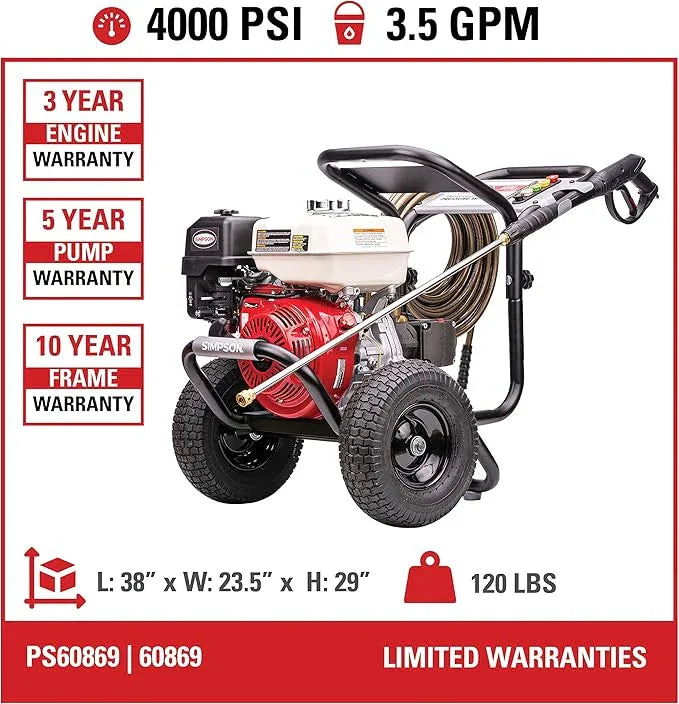 Simpson Cleaning PS60869 PowerShot 4000 PSI Gas Pressure Washer, 3.5 GPM AAA Triplex Pump, Honda GX270 Engine, Includes Spray Gun, Wand, 5 QC Nozzle Tips, 3/8-inch x 50-Foot Monster Hose, 49-State - NeatNest