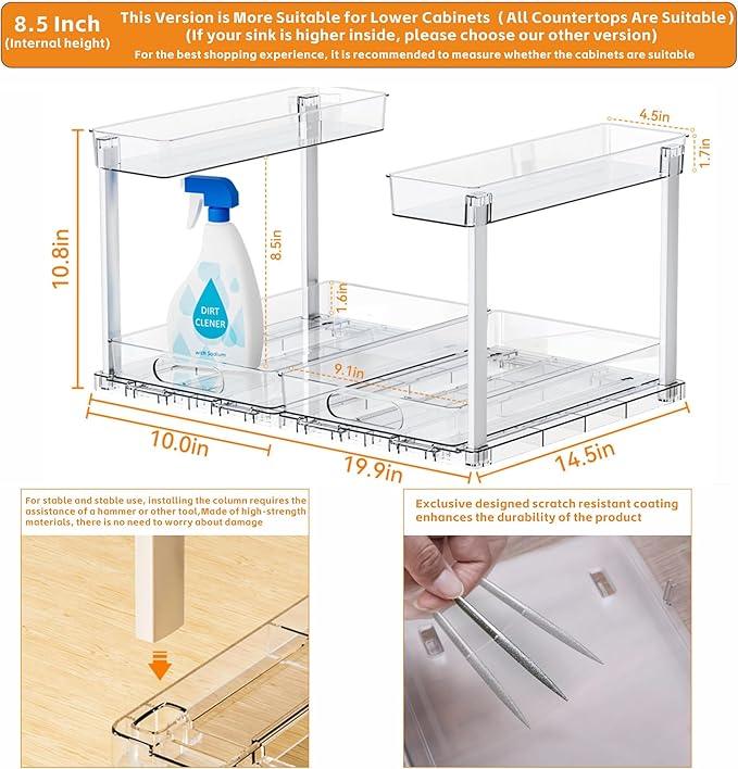 Yieach 2 Pack 14.5″ Deep Pull Out Under Sink Organizer,10.8″ High 2 Tier Slide Out Cabinet Organizer for Kitchen Cabinet,Undersink Organizers,Under Sink Shelves,Bathroom Organizers and Storage,Clear - NeatNest