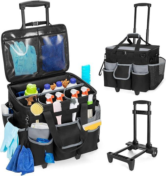 Large Rolling Cleaning Caddy with Detachable Trolley & Lid, Cleaning Cart on Wheels with Shoulder Strap & Handles, Cleaning Supplies Organizer with Multi Pockets for Cleaning Tools Storage - NeatNest