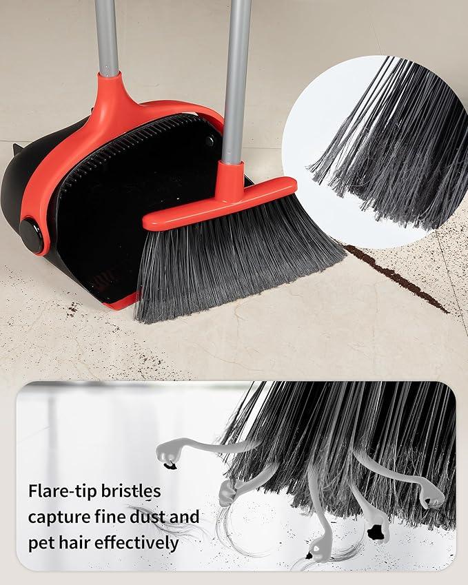 MR.SIGA Broom and Dustpan Set with Long Handle, Stand Upright Broom with Dustpan Combo for Floor Cleaning, Lightweight Sweeping Set for Indoor and Outdoor Use, 51.7"(131 cm) Long Handle, Black & Red - NeatNest