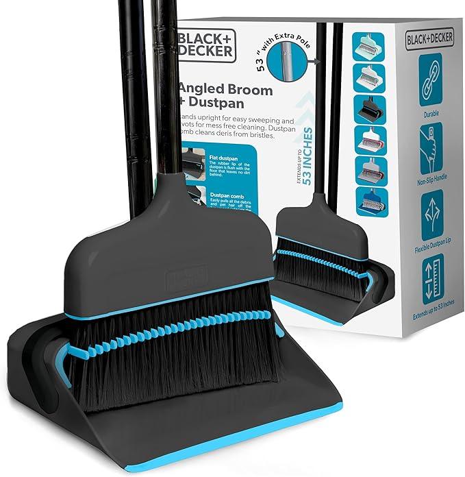 BLACK+DECKER Butler Broom & Dustpan Set - Short Handle, Stand-Up Design - Lightweight, Space-Saving Combo for Kitchen, Living Room, Bathroom, Lobby Floors - Home Cleaning Essential, Black/Blue - NeatNest