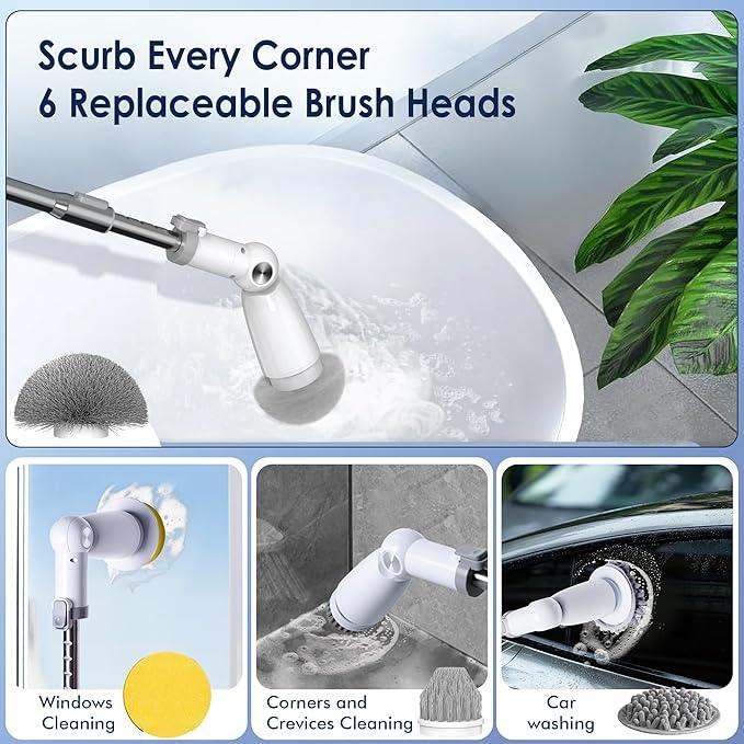 Marchpower Electric Spin Scrubber, Power Shower Scrubber Cordless Cleaning Brush 6 Replaceable Brush Heads, 2 Speeds, Adjustable Detachable Handle, IPX7 Waterproof Bathroom Scrubber Tub Tile Floor - NeatNest