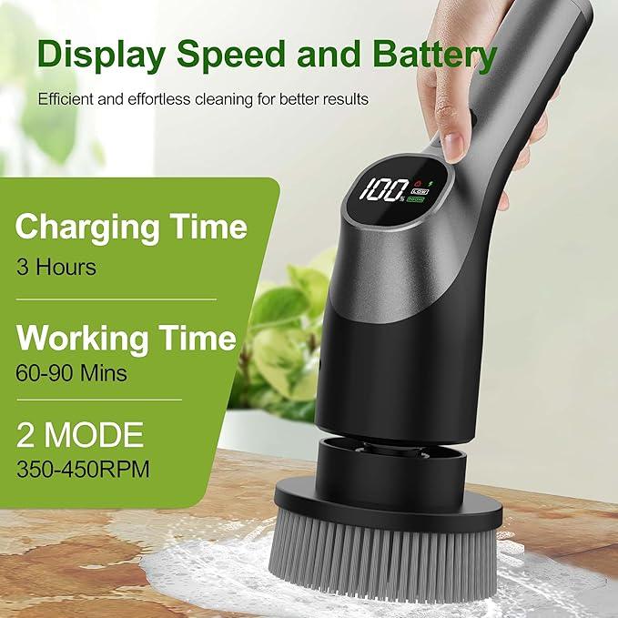 Electric Spin Scrubber, Shower Scrubber with Long Handle Adjustable LCD Display, 2 Speed Shower Cleaner, 7 Replaceable Brush Heads Bathroom Cleaning Brush, Bath Tub Power Scrubbers Black G3 - NeatNest
