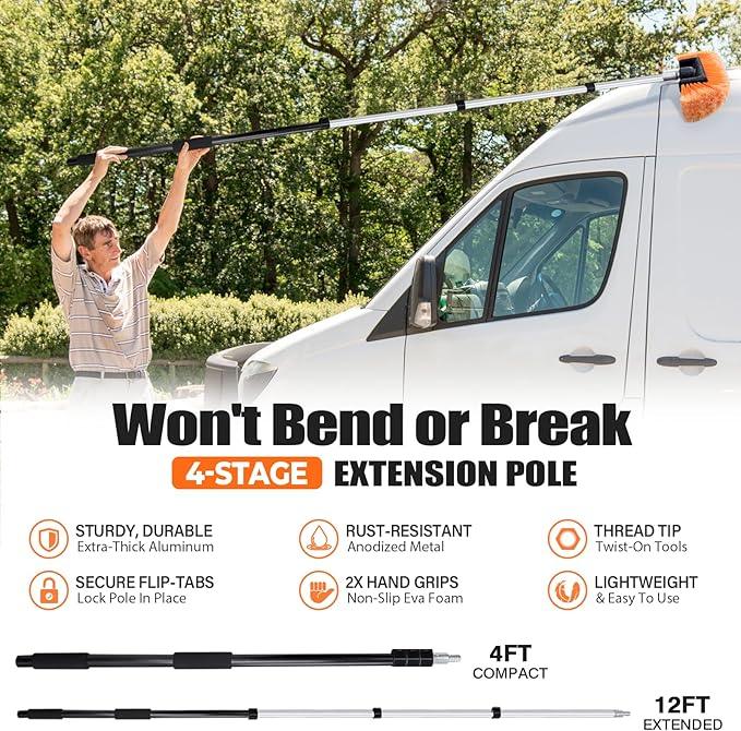 ARTIPOLY 20ft Reach Car Wash Brush with Long Handle-Car Cleaning Kit with 4-12FT Extension Pole, Ultimate RV,Truck Wash Set with Soft Brush, Tire Brush, Window Squeegee, Mitt, Microfiber Cleaning Mop - NeatNest