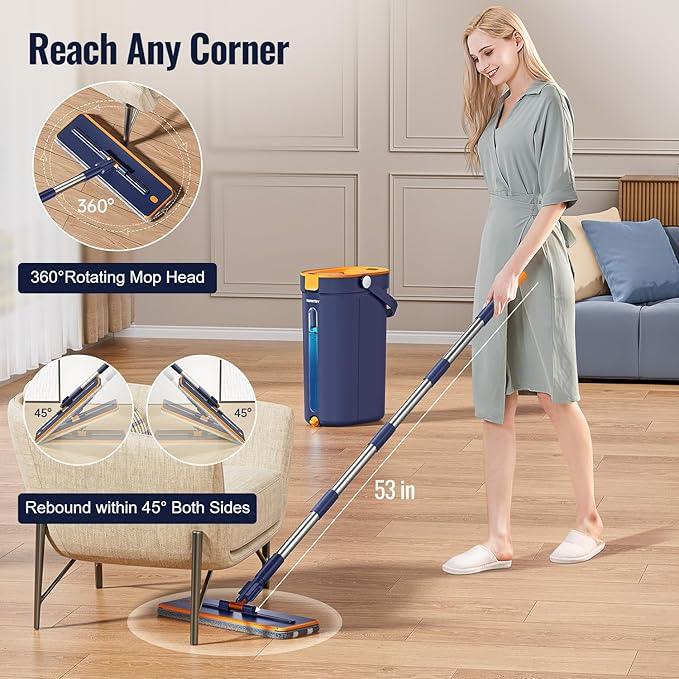 Mop and Bucket Set with Wringer, 3-Tank Flat Mop and Bucket System, Wall Mop Cleaner with Long Handle, Hands Free Mops for Floor Cleaning with 4 Microfiber Pads - NeatNest