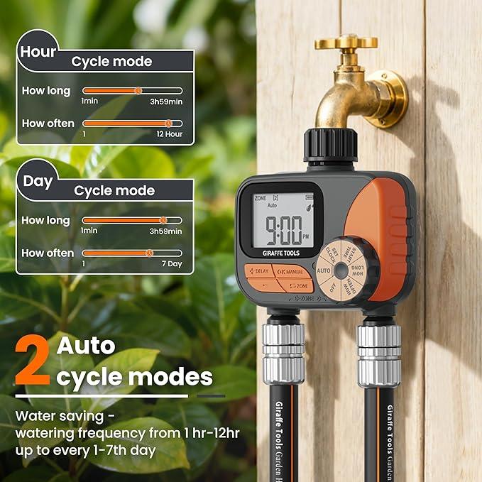 Giraffe Tools Garden Hose 100ft x 5/8", Water Hose Heavy Duty, Flexible with Watering Timer Nozzle and Yard Sprinkler, Lightweight Hybrid Hose with Swivel Handle, Male to Female Fittings - NeatNest