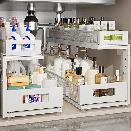 2 Pack 21.3IN-Depth Under Sink Organizer With Next-Gen Ball-Bearing Slides,2-Tier Pull Out Cabinet Storage,Height Adjustable Drawer Shelf for Bathroom,Kitchen,Laundry,Cabinet,Pantry-White - NeatNest