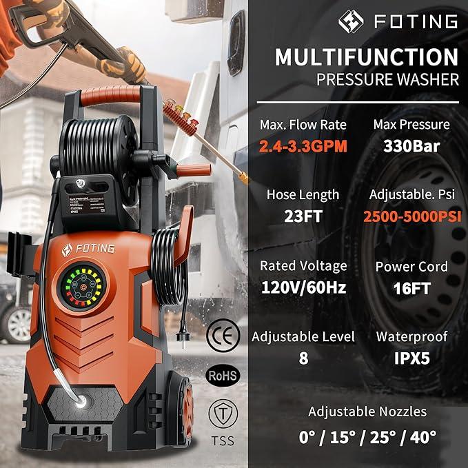 2025Upgraded Pressure Washer 5000PSI with Adjustable Touch Screen 8 Level, 34" Tall, 4 Quick Connect Nozzles,Inlet Hose&Filter&500mlFoam Cannon for Cars/Fences/Driveways/Home Cleaning,Red - NeatNest
