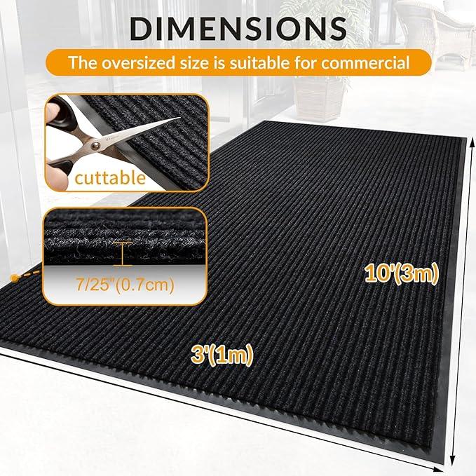 LVETOLS 3' x 10' High Traffic Guard Doormat, Commercial Grade Door Floor Mat Striped Brush Step Entrance Mat with Rubber Backing, Low Profile Commercial Rugs for Entryway, Easy to Clean(Jet Black) - NeatNest