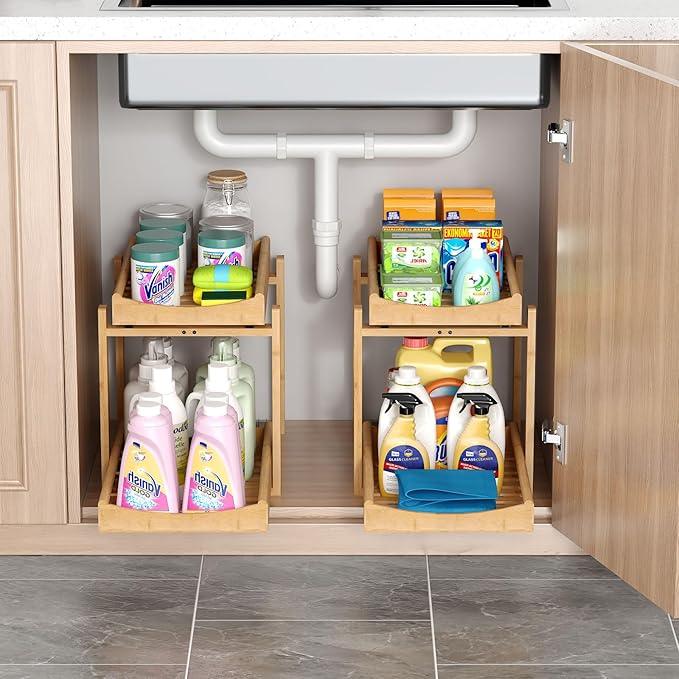 Bamboo Under Sink Organizer and Storage, 2 Pack Pull Out Cabinet Organization, 2 Tier Vertical Slide Out Undersink Storage Shelf, Multi-Purpose Organizer Shelves for Kitchen Bathroom Medicine - NeatNest