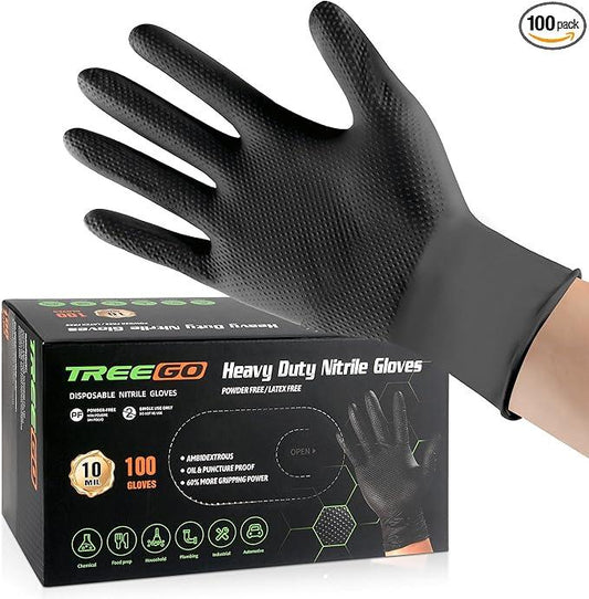 TREEGO 10 Mil Black Nitrile Gloves Heavy Duty — 3D Diamond Texture Grip, Latex Free Disposable Rubber Mechanic Gloves, X-Large, 100 Count - NeatNest
