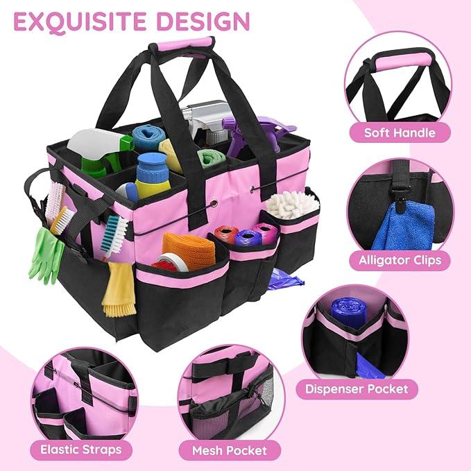 ZKOO Large Cleaning Caddy Bag with Handle, Built-in Sturdy Support Board, Adjustable Shoulder Strap, Multi-compartment Design Cleaning Supply Tote for Cleaners & Housekeepers (Pink) - NeatNest