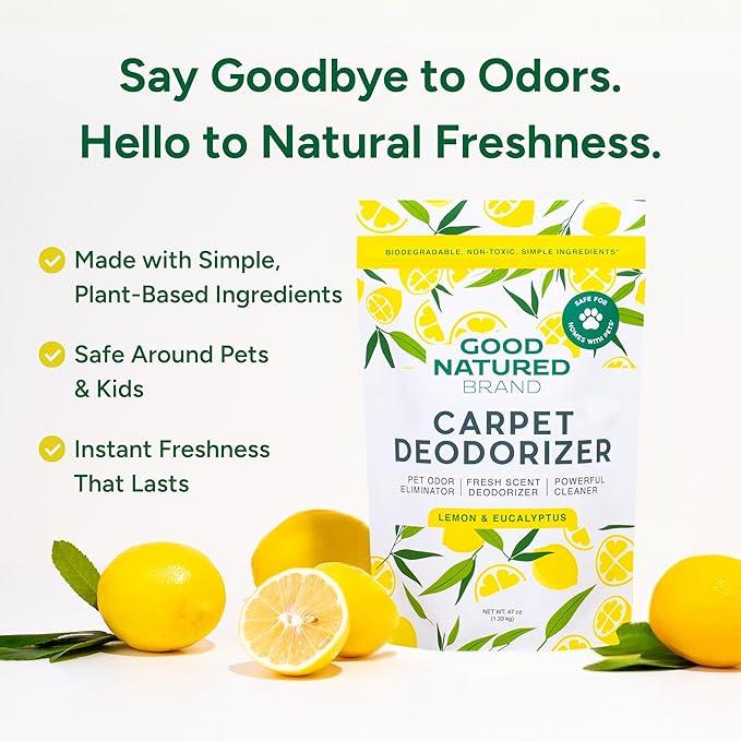 Good Natured Brand | Carpet Deodorizer & Freshener Powder | 47 oz Pet Odor Eliminator for Strong Odor & Pet Urine | Fresh Natural Lemon & Eucalyptus Scent | Safe for Homes with Pets - NeatNest