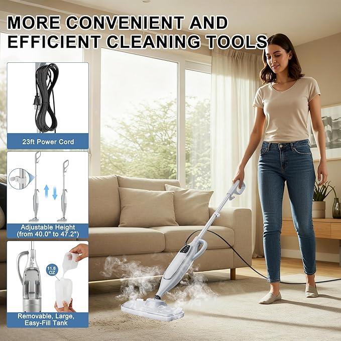 Steam Mop, 11-in-1 Powerful Handheld Steam Cleaner with 11.8 OZ Removable Tank, Detachable Steam Mops for Floor Cleaning with 23FT Power Cord, MultiPurpose Steamer for Hardwood Tile Carpets Furniture - NeatNest
